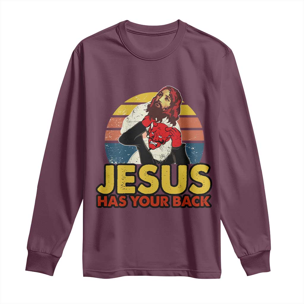 Funny Jesus Satan Meme Long Sleeve Shirt Has Your Back Jiu Jitsu Retro Religious Christian TS02 Maroon Print Your Wear