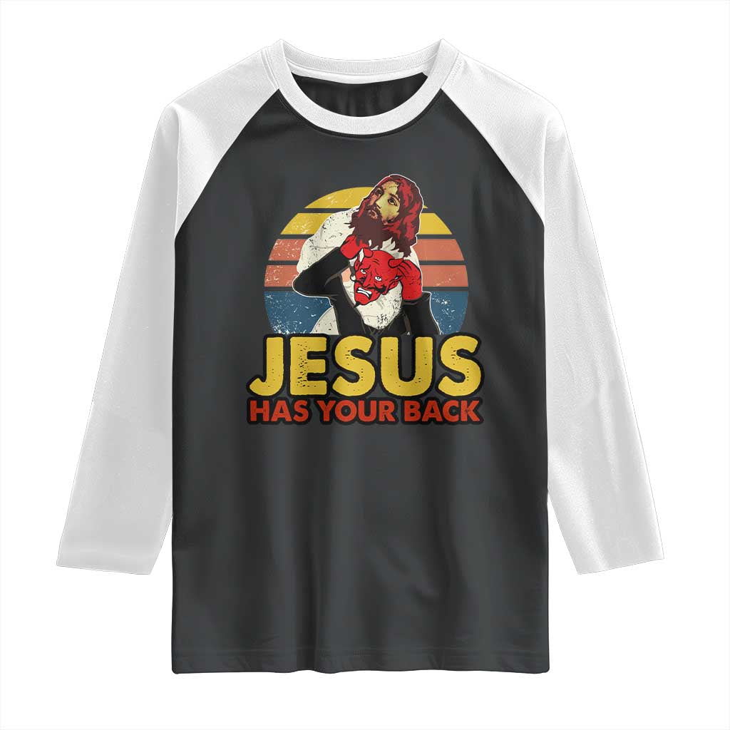 Funny Jesus Satan Meme Raglan Shirt Has Your Back Jiu Jitsu Retro Religious Christian TS02 Black White Print Your Wear