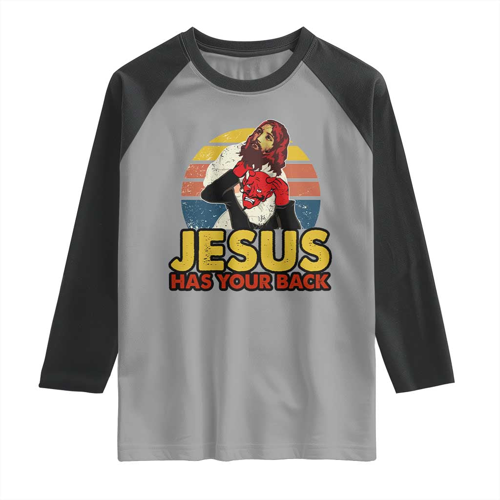 Funny Jesus Satan Meme Raglan Shirt Has Your Back Jiu Jitsu Retro Religious Christian TS02 Sport Gray Black Print Your Wear