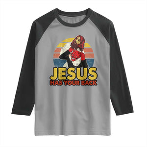 Funny Jesus Satan Meme Raglan Shirt Has Your Back Jiu Jitsu Retro Religious Christian TS02 Sport Gray Black Print Your Wear