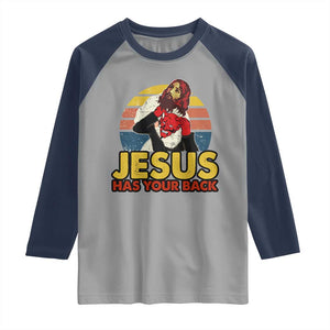 Funny Jesus Satan Meme Raglan Shirt Has Your Back Jiu Jitsu Retro Religious Christian TS02 Sport Gray Navy Print Your Wear