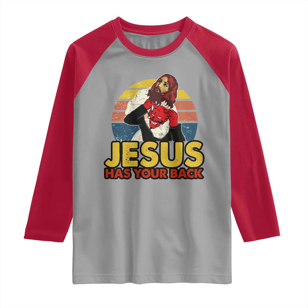 Funny Jesus Satan Meme Raglan Shirt Has Your Back Jiu Jitsu Retro Religious Christian TS02 Sport Gray Red Print Your Wear