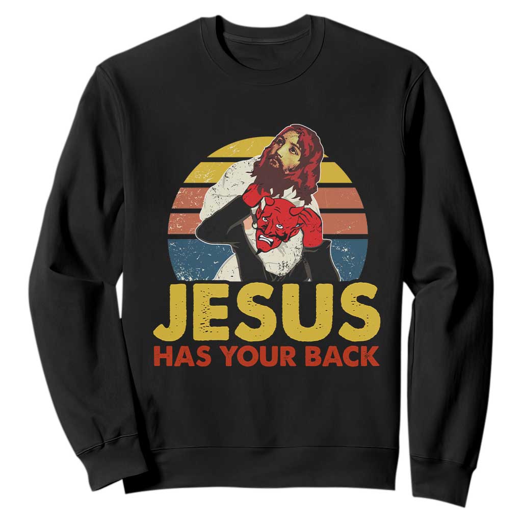 Funny Jesus Satan Meme Sweatshirt Has Your Back Jiu Jitsu Retro Religious Christian TS02 Black Print Your Wear