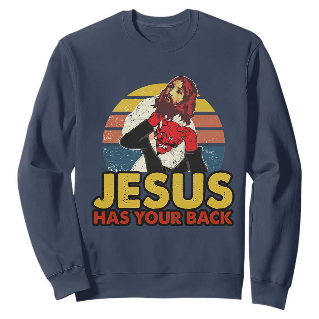 Funny Jesus Satan Meme Sweatshirt Has Your Back Jiu Jitsu Retro Religious Christian TS02 Navy Print Your Wear