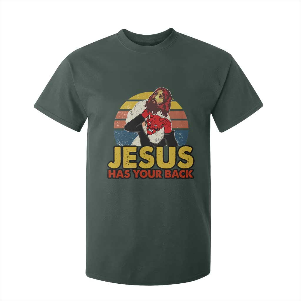 Funny Jesus Satan Meme T Shirt For Kid Has Your Back Jiu Jitsu Retro Religious Christian TS02 Dark Forest Green Print Your Wear