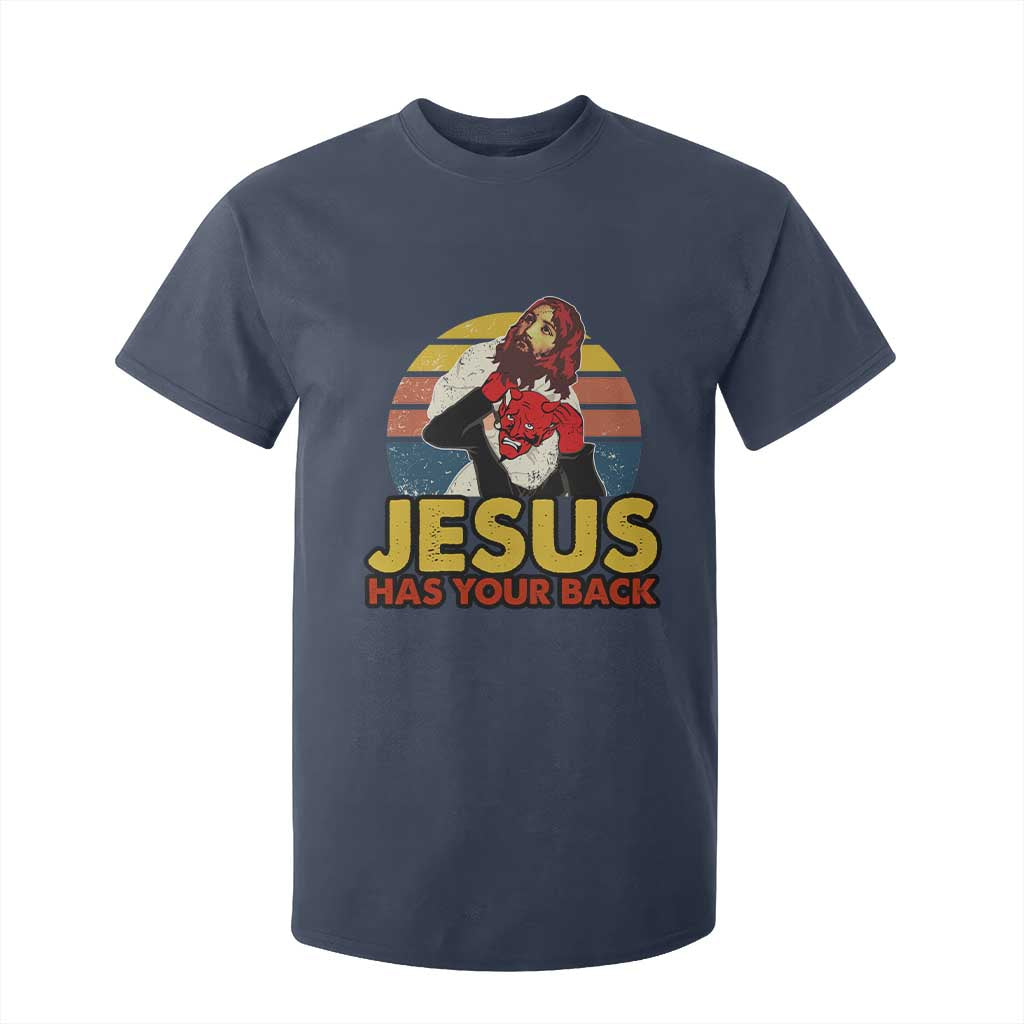 Funny Jesus Satan Meme T Shirt For Kid Has Your Back Jiu Jitsu Retro Religious Christian TS02 Navy Print Your Wear