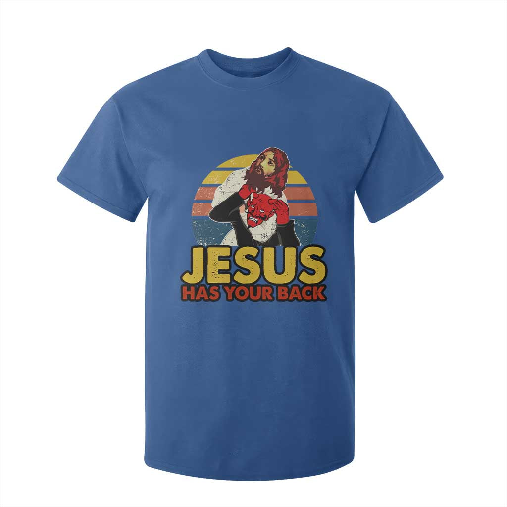 Funny Jesus Satan Meme T Shirt For Kid Has Your Back Jiu Jitsu Retro Religious Christian TS02 Royal Blue Print Your Wear