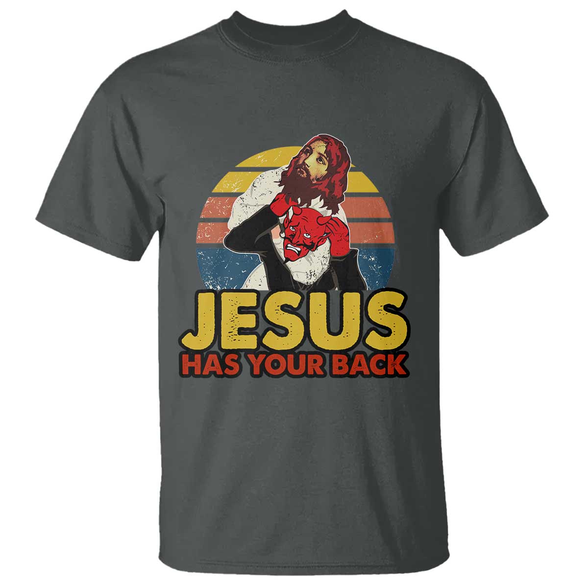 Funny Jesus Satan Meme T Shirt Has Your Back Jiu Jitsu Retro Religious Christian TS02 Dark Heather Print Your Wear