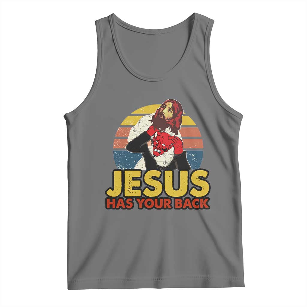 Funny Jesus Satan Meme Tank Top Has Your Back Jiu Jitsu Retro Religious Christian TS02 Black Heather Print Your Wear