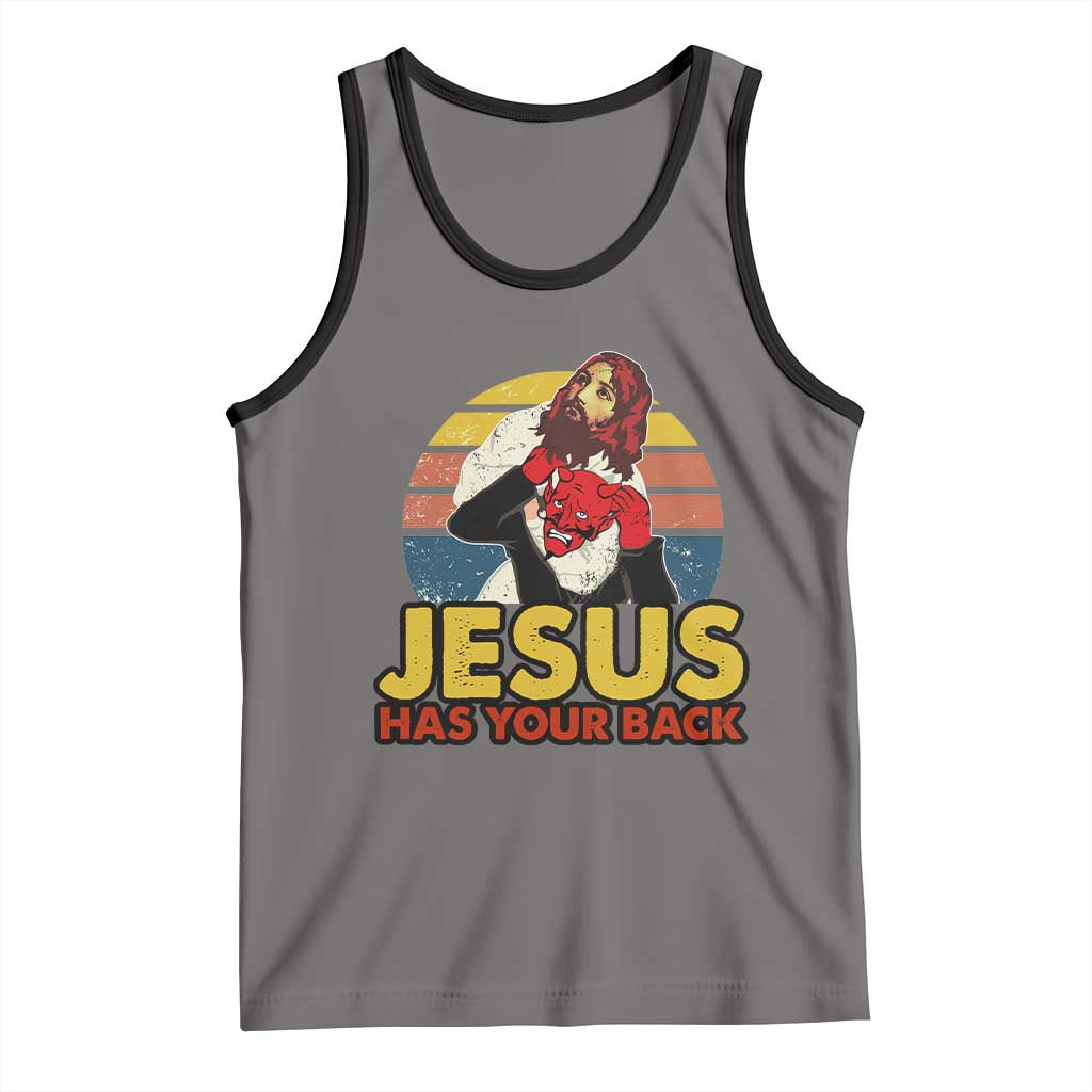 Funny Jesus Satan Meme Tank Top Has Your Back Jiu Jitsu Retro Religious Christian TS02 Deep Heather Black Print Your Wear