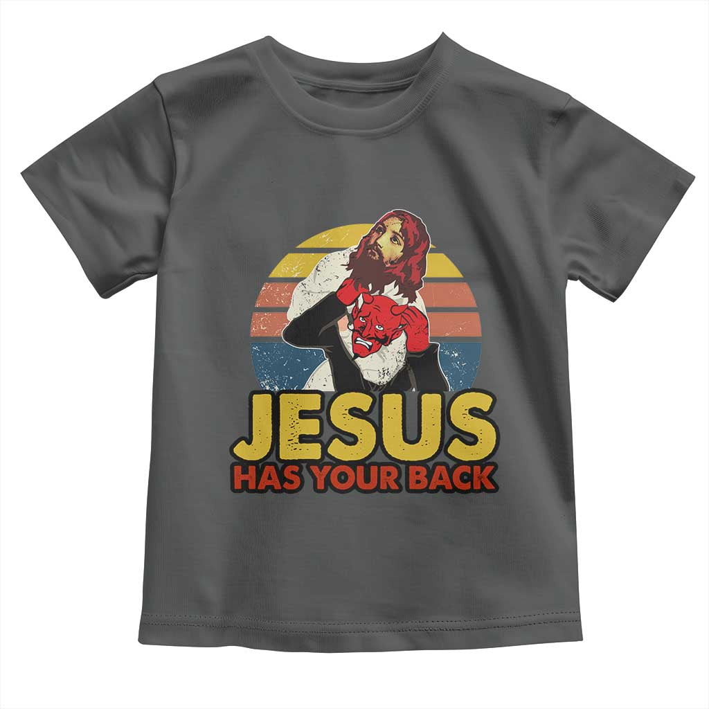 Funny Jesus Satan Meme Toddler T Shirt Has Your Back Jiu Jitsu Retro Religious Christian TS02 Dark Heather Print Your Wear