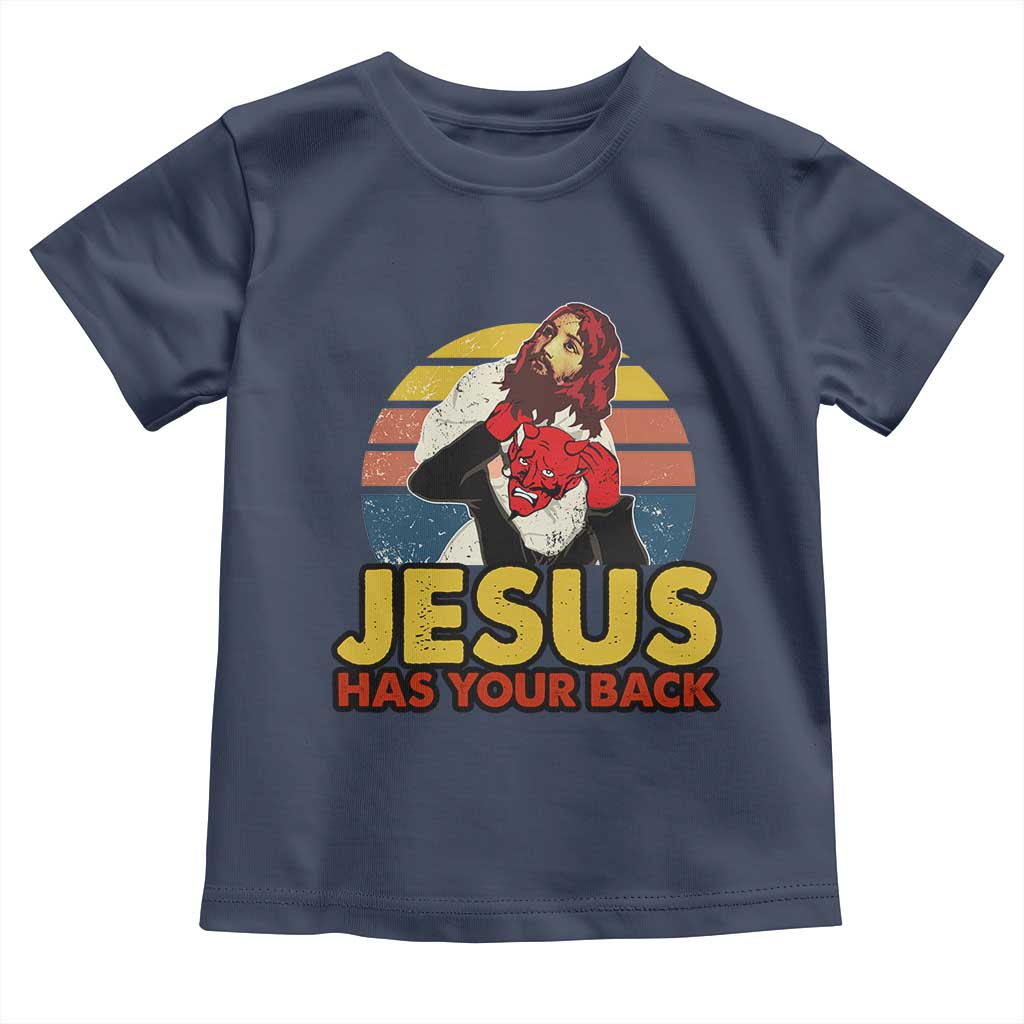Funny Jesus Satan Meme Toddler T Shirt Has Your Back Jiu Jitsu Retro Religious Christian TS02 Navy Print Your Wear