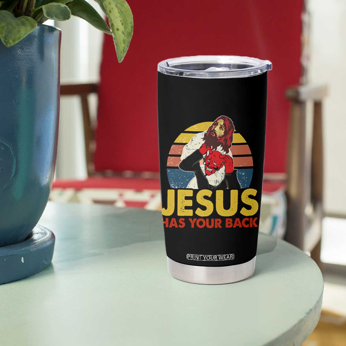 Funny Jesus Satan Meme Tumbler Cup Has Your Back Jiu Jitsu Retro Religious Christian TS02 Print Your Wear
