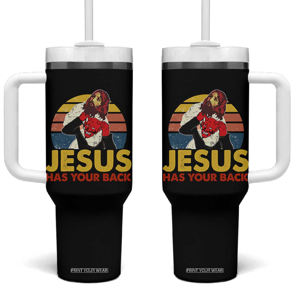 Funny Jesus Satan Meme Tumbler With Handle Has Your Back Jiu Jitsu Retro Religious Christian TS02 One Size: 40 oz Black Print Your Wear