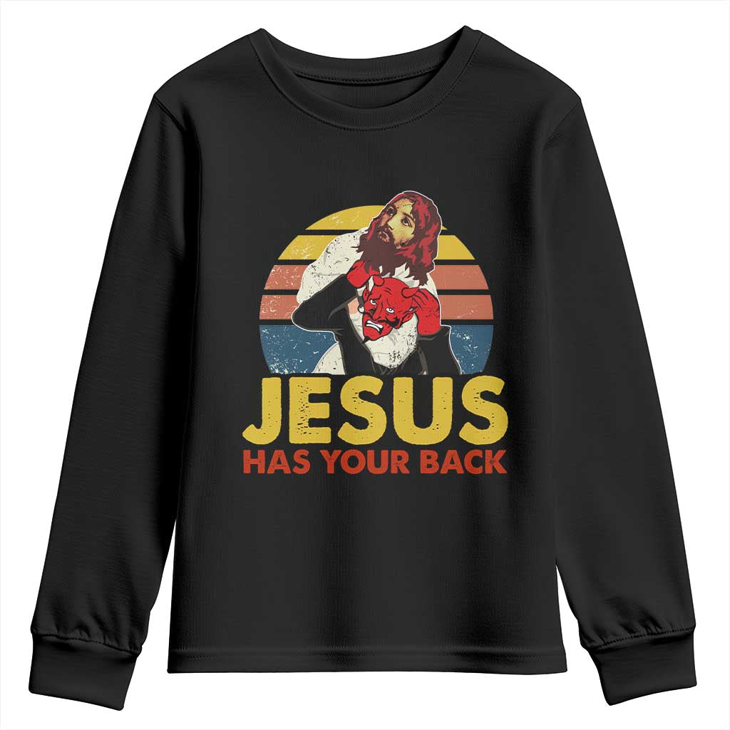 Funny Jesus Satan Meme Youth Sweatshirt Has Your Back Jiu Jitsu Retro Religious Christian TS02 Black Print Your Wear
