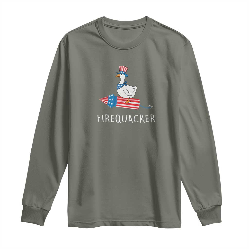 Funny July 4th Goose Long Sleeve Shirt Patriotic Goose Firework Firequacker Independence Day TS10 Military Green Print Your Wear