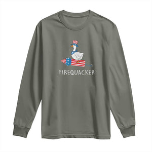 Funny July 4th Goose Long Sleeve Shirt Patriotic Goose Firework Firequacker Independence Day TS10 Military Green Print Your Wear