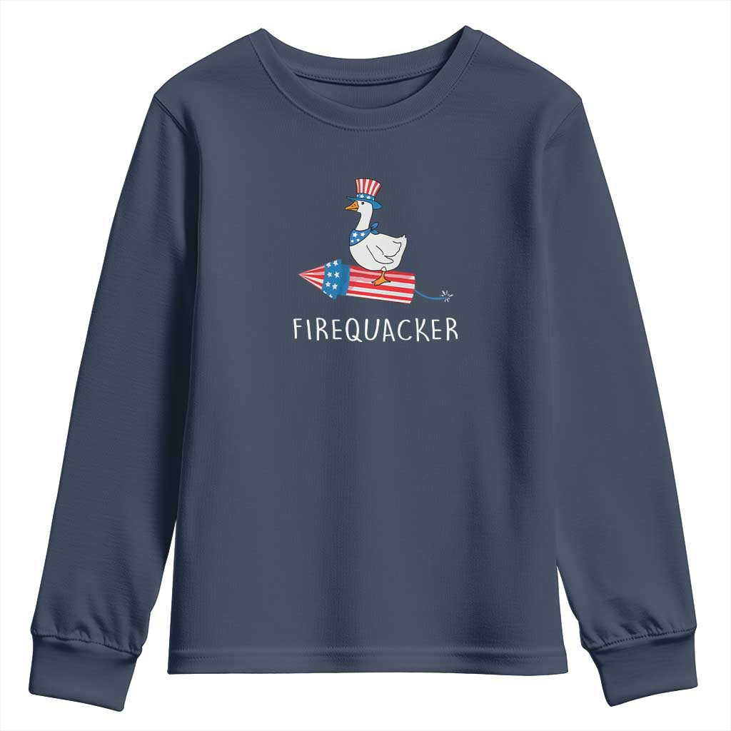 Funny July 4th Goose Youth Sweatshirt Patriotic Goose Firework Firequacker Independence Day TS10 Navy Print Your Wear