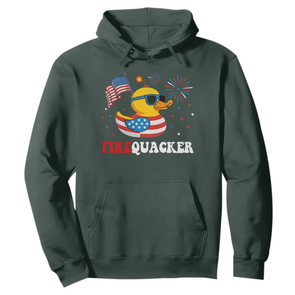 Funny July 4th Hoodie Patriotic Duck Firequacker American Flag TS10 Dark Forest Green Print Your Wear