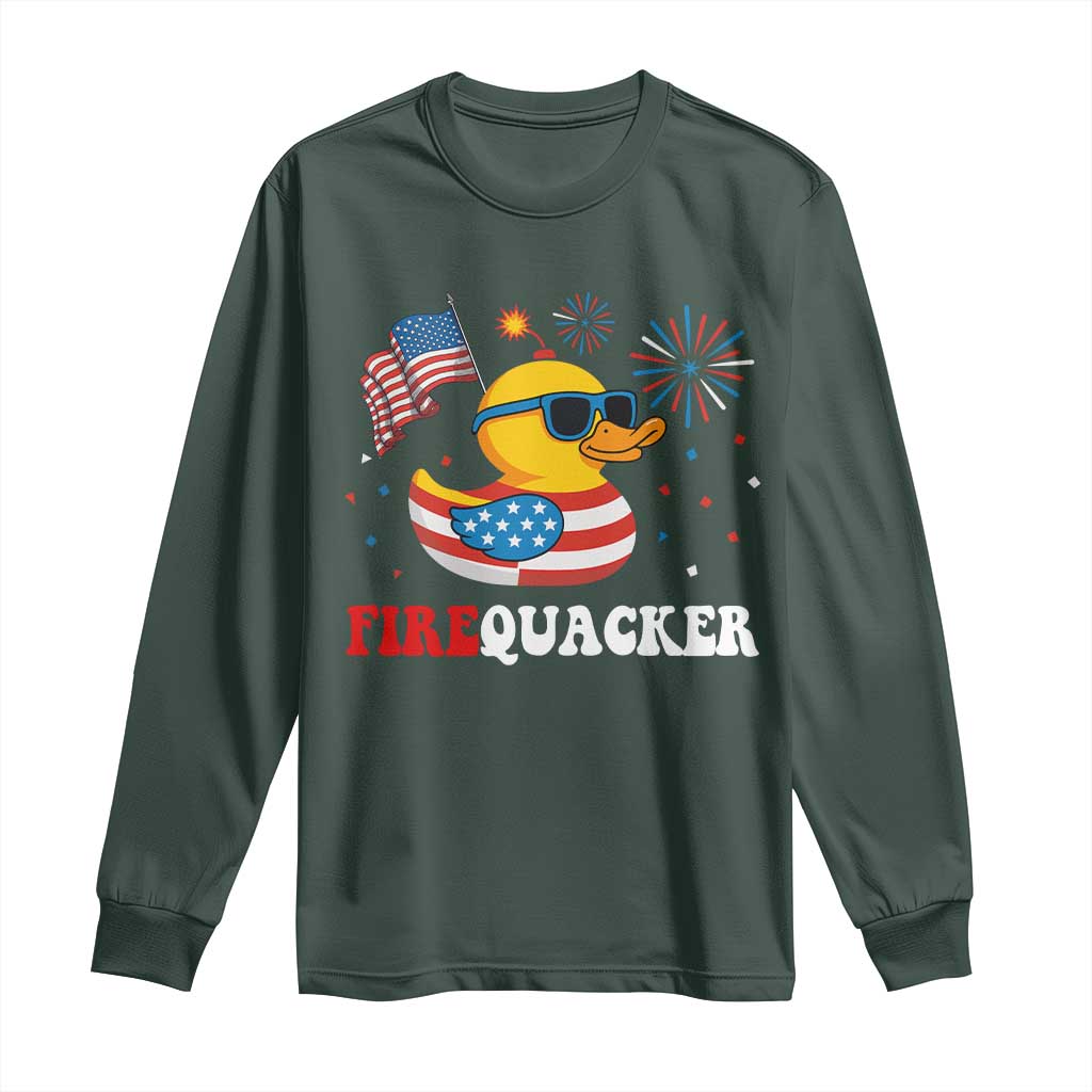 Funny July 4th Long Sleeve Shirt Patriotic Duck Firequacker American Flag TS10 Dark Forest Green Print Your Wear