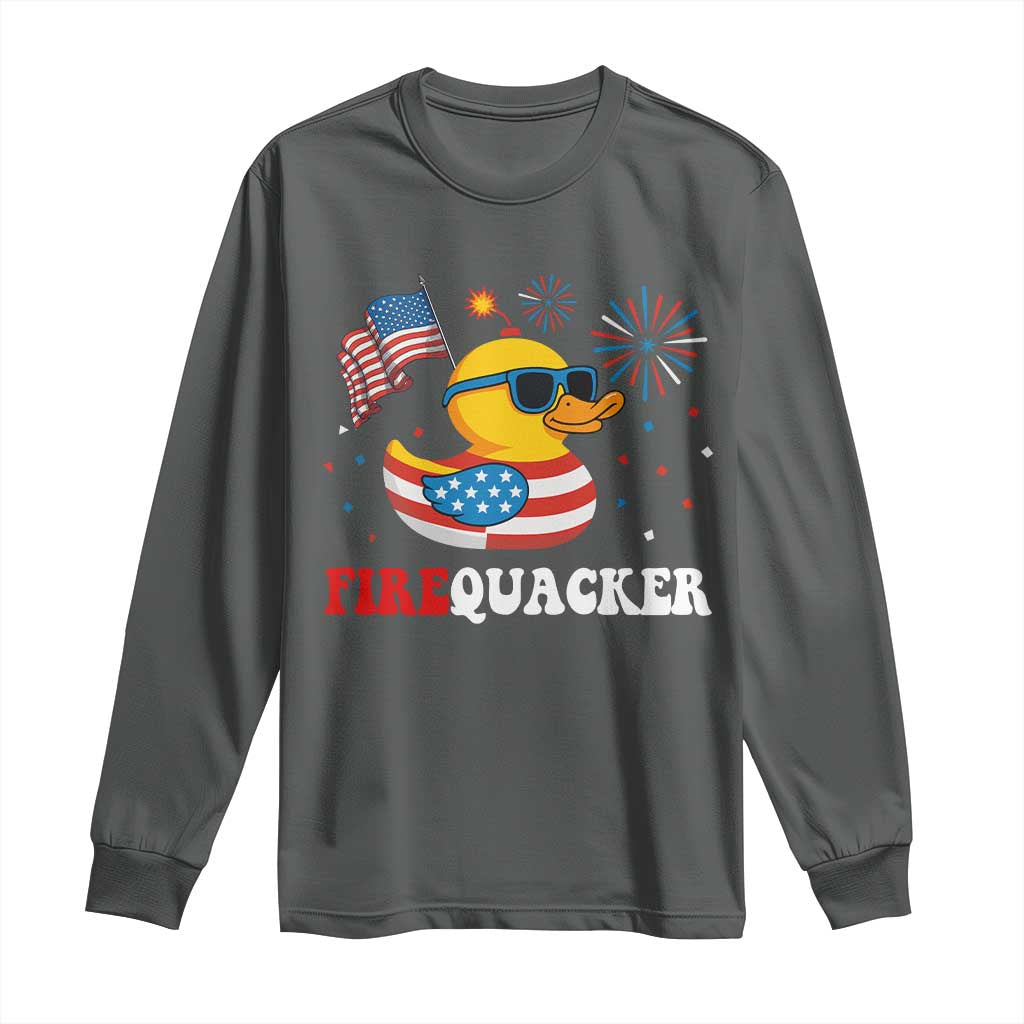 Funny July 4th Long Sleeve Shirt Patriotic Duck Firequacker American Flag TS10 Dark Heather Print Your Wear