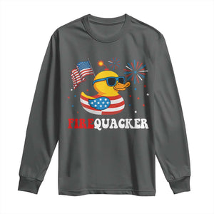 Funny July 4th Long Sleeve Shirt Patriotic Duck Firequacker American Flag TS10 Dark Heather Print Your Wear
