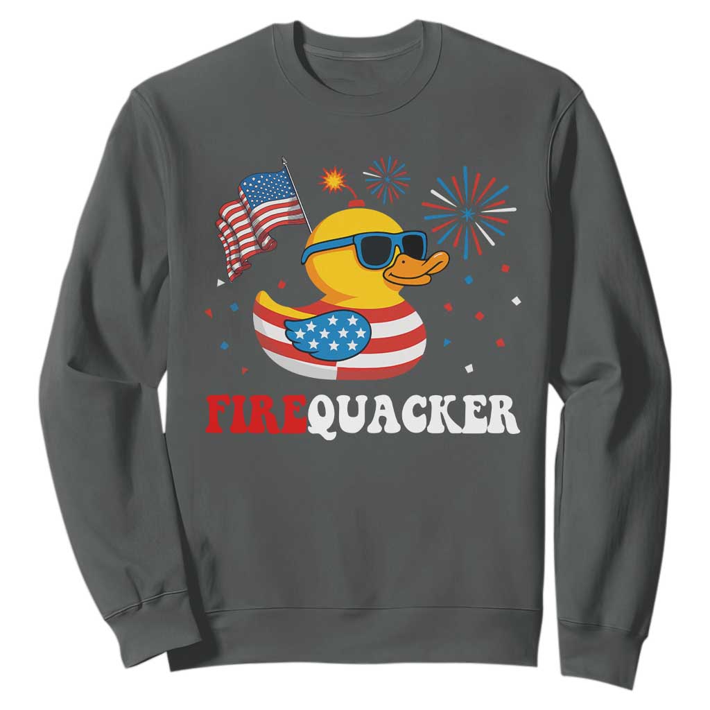 Funny July 4th Sweatshirt Patriotic Duck Firequacker American Flag TS10 Dark Heather Print Your Wear