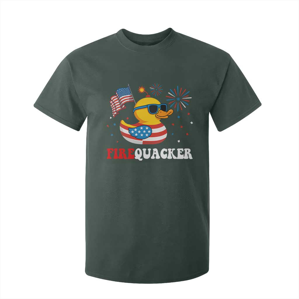 Funny July 4th T Shirt For Kid Patriotic Duck Firequacker American Flag TS10 Dark Forest Green Print Your Wear