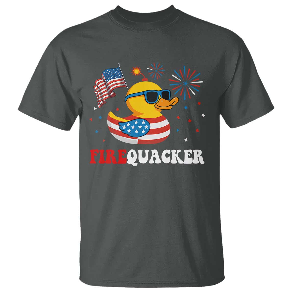 Funny July 4th T Shirt Patriotic Duck Firequacker American Flag TS10 Dark Heather Print Your Wear