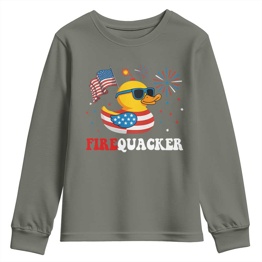 Funny July 4th Youth Sweatshirt Patriotic Duck Firequacker American Flag TS10 Military Green Print Your Wear