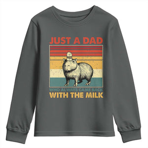 Funny Just A Dad Who Always Came Back With The Milk Youth Sweatshirt Capybara Father's Day TS11 Dark Heather Print Your Wear