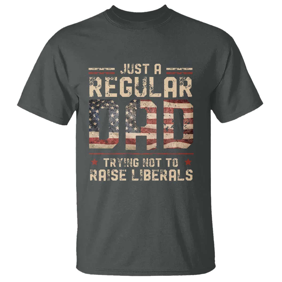 Funny Just A Regular Dad Trying Not To Raise Liberals T Shirt Fathers Day TS11 Dark Heather Print Your Wear