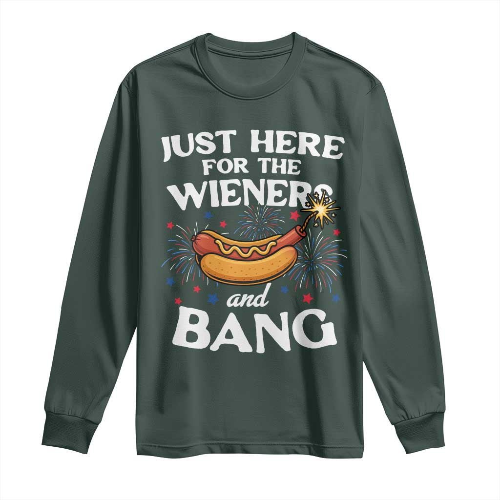 Funny Just Here For The Wieners And Bang Long Sleeve Shirt 4th Of July Hot Dog Lover Fireworks TS11 Dark Forest Green Print Your Wear