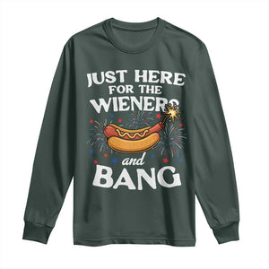 Funny Just Here For The Wieners And Bang Long Sleeve Shirt 4th Of July Hot Dog Lover Fireworks TS11 Dark Forest Green Print Your Wear