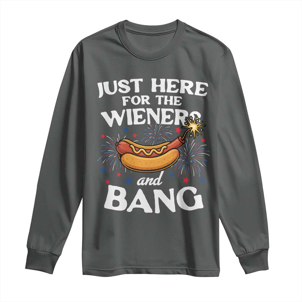 Funny Just Here For The Wieners And Bang Long Sleeve Shirt 4th Of July Hot Dog Lover Fireworks TS11 Dark Heather Print Your Wear