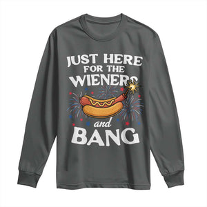 Funny Just Here For The Wieners And Bang Long Sleeve Shirt 4th Of July Hot Dog Lover Fireworks TS11 Dark Heather Print Your Wear