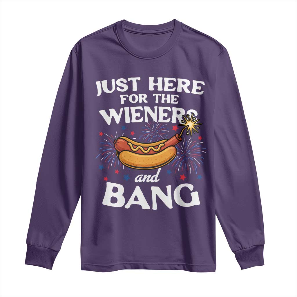 Funny Just Here For The Wieners And Bang Long Sleeve Shirt 4th Of July Hot Dog Lover Fireworks TS11 Purple Print Your Wear