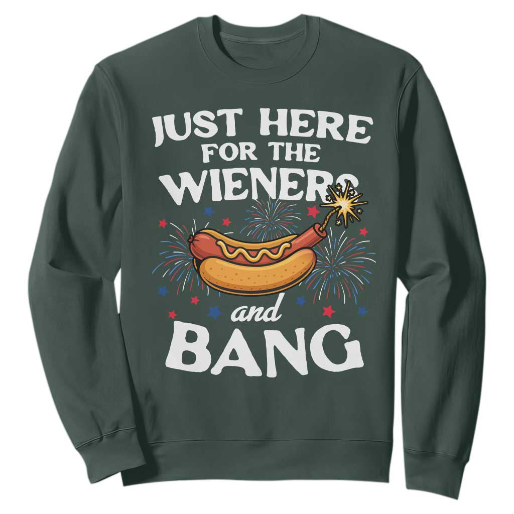 Funny Just Here For The Wieners And Bang Sweatshirt 4th Of July Hot Dog Lover Fireworks TS11 Dark Forest Green Print Your Wear