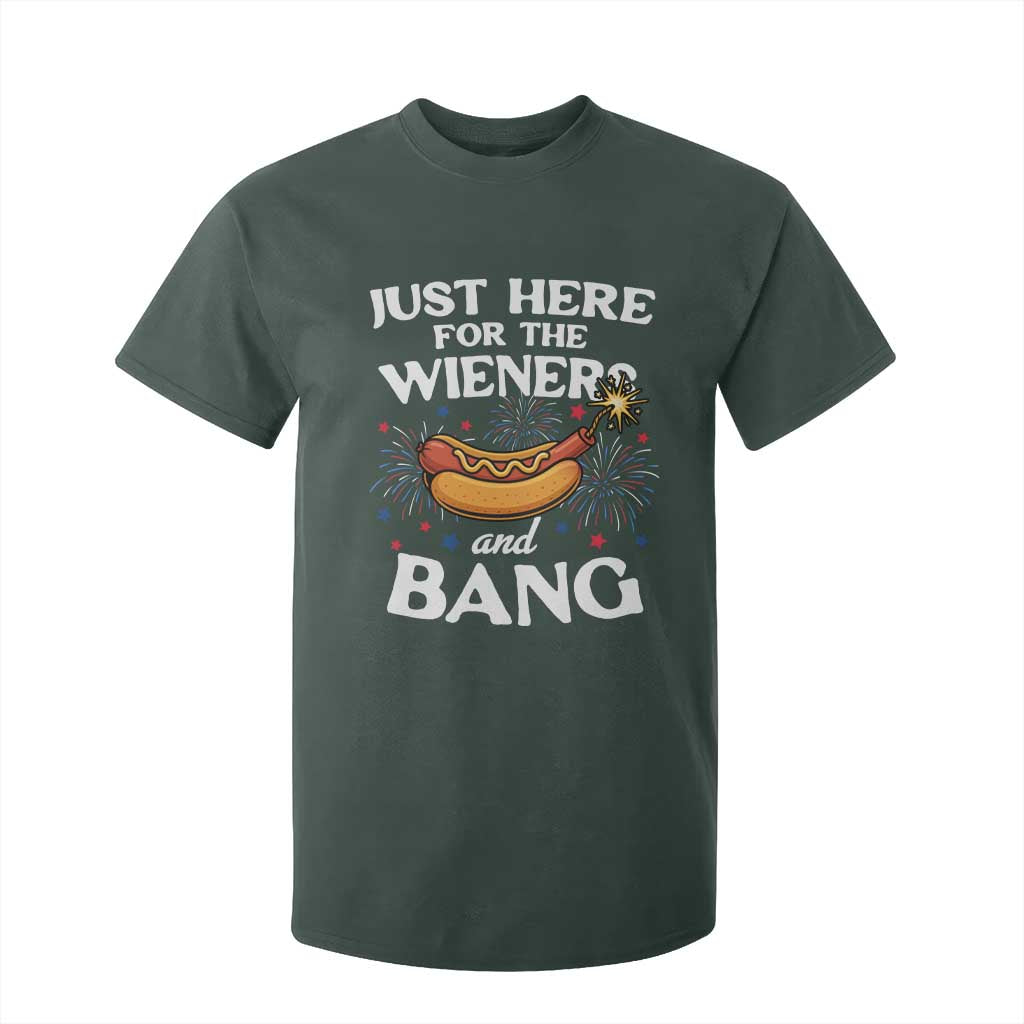 Funny Just Here For The Wieners And Bang T Shirt For Kid 4th Of July Hot Dog Lover Fireworks TS11 Dark Forest Green Print Your Wear