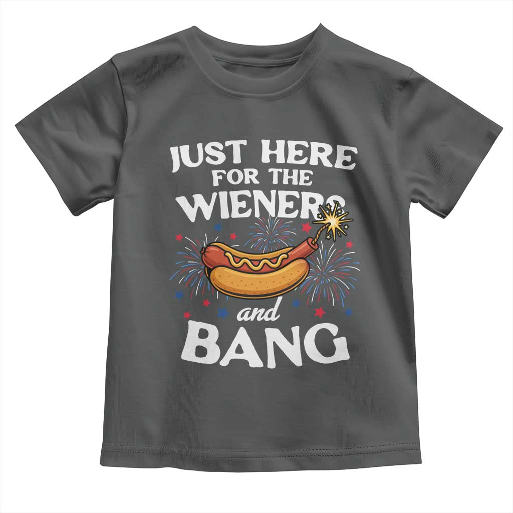 Funny Just Here For The Wieners And Bang Toddler T Shirt 4th Of July Hot Dog Lover Fireworks TS11 Dark Heather Print Your Wear