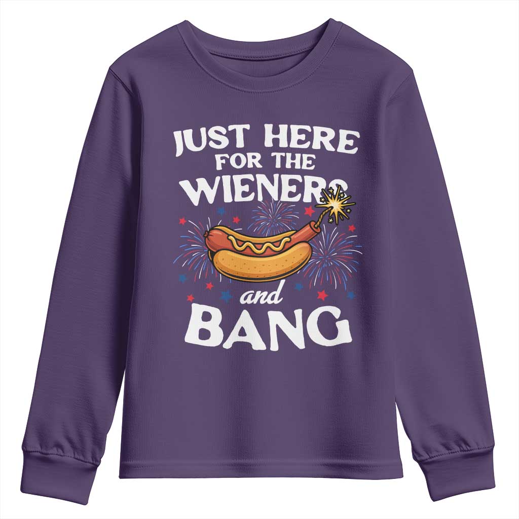 Funny Just Here For The Wieners And Bang Youth Sweatshirt 4th Of July Hot Dog Lover Fireworks TS11 Purple Print Your Wear