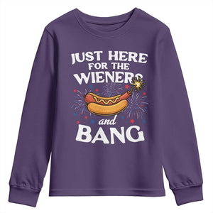 Funny Just Here For The Wieners And Bang Youth Sweatshirt 4th Of July Hot Dog Lover Fireworks TS11 Purple Print Your Wear