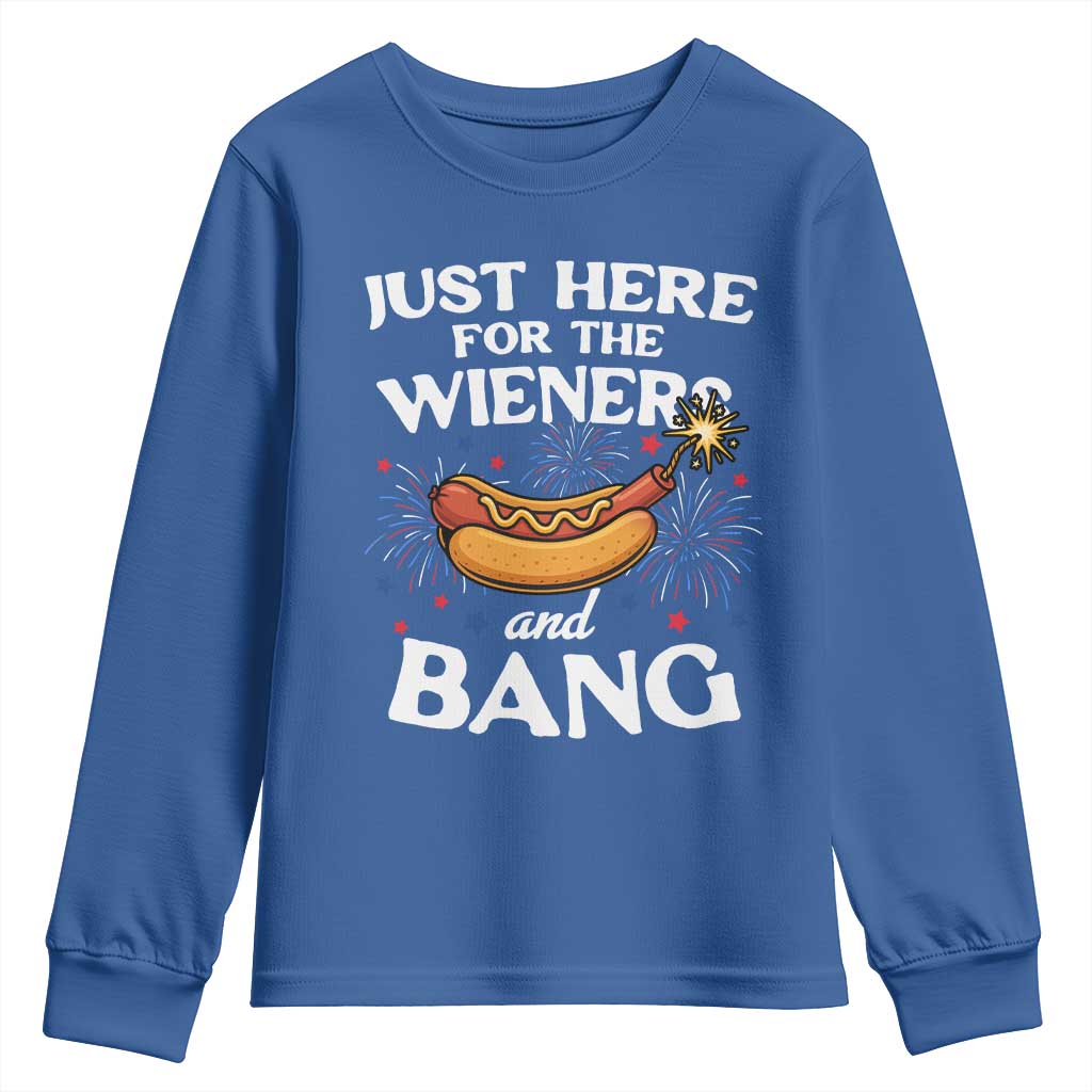 Funny Just Here For The Wieners And Bang Youth Sweatshirt 4th Of July Hot Dog Lover Fireworks TS11 Royal Blue Print Your Wear
