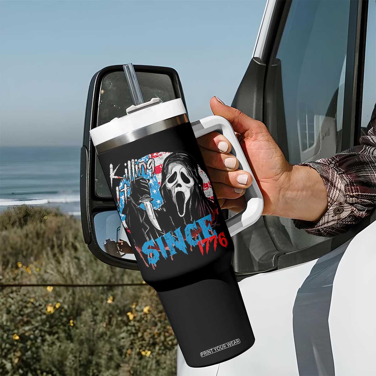 Funny Killing It Since 1776 Tumbler With Handle Horror Movie 4th Of July USA Ghost TS11 Print Your Wear