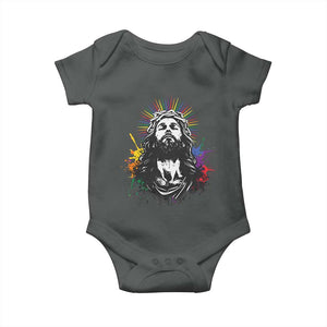 Funny LGBT Gay Pride Jesus Rainbow Flag Christian Baby Onesie TS11 Dark Heather Print Your Wear