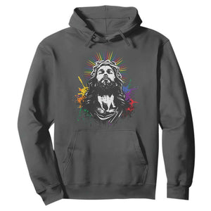 Funny LGBT Gay Pride Jesus Rainbow Flag Christian Hoodie TS11 Dark Heather Print Your Wear