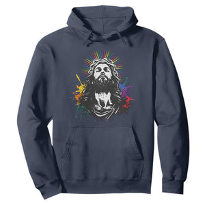 Funny LGBT Gay Pride Jesus Rainbow Flag Christian Hoodie TS11 Navy Print Your Wear