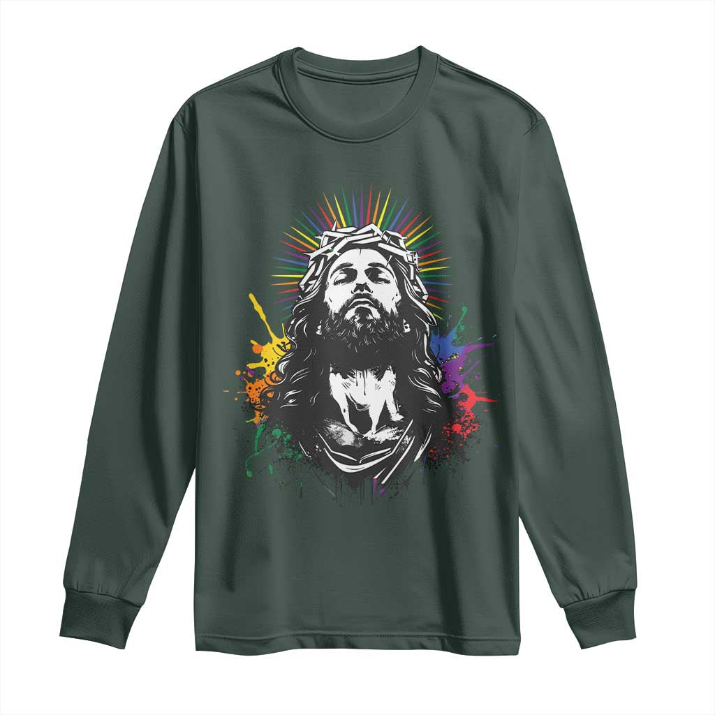Funny LGBT Gay Pride Jesus Rainbow Flag Christian Long Sleeve Shirt TS11 Dark Forest Green Print Your Wear