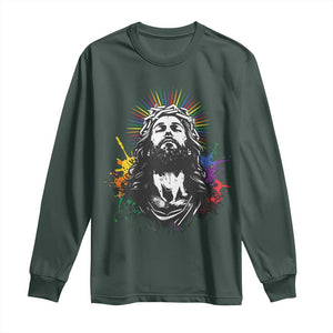 Funny LGBT Gay Pride Jesus Rainbow Flag Christian Long Sleeve Shirt TS11 Dark Forest Green Print Your Wear