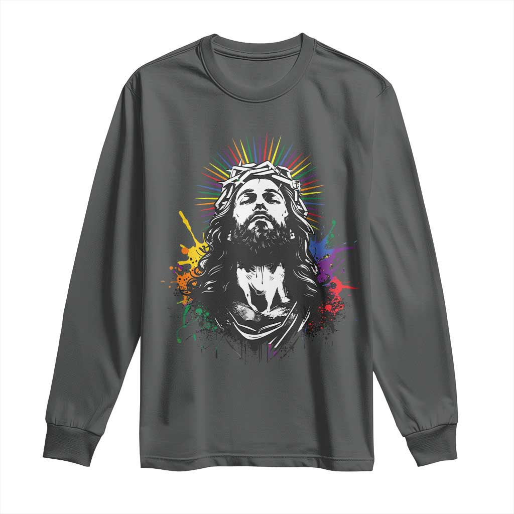 Funny LGBT Gay Pride Jesus Rainbow Flag Christian Long Sleeve Shirt TS11 Dark Heather Print Your Wear